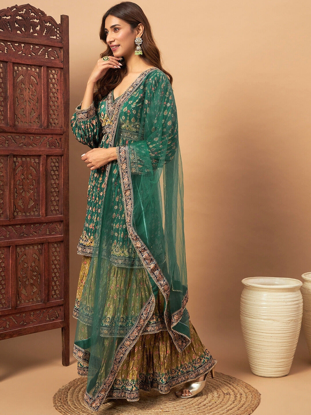 Digital Printed Peplum Kurta Set with Tiered Sharara & Haldi Mehendi Colors
