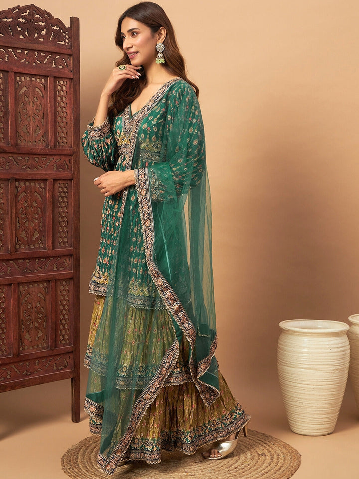Digital Printed Peplum Kurta Set with Tiered Sharara & Haldi Mehendi Colors