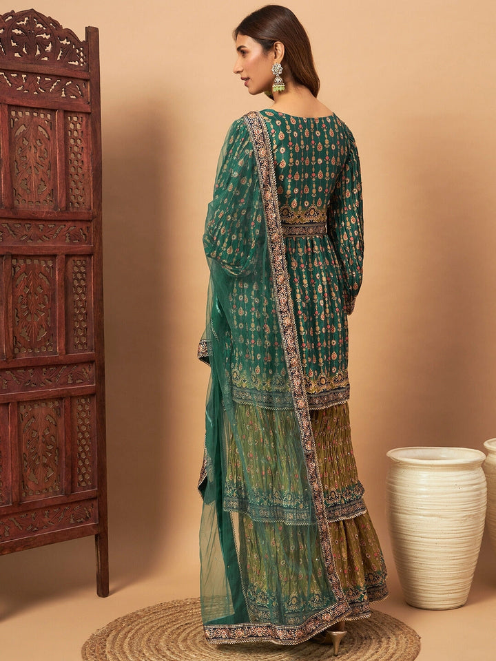 Digital Printed Peplum Kurta Set with Tiered Sharara & Haldi Mehendi Colors