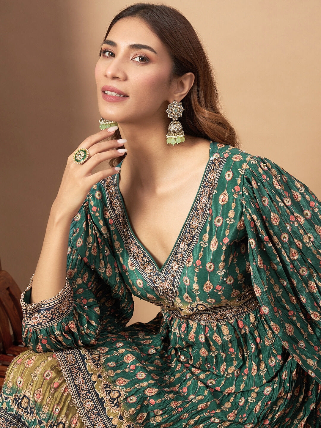 Digital Printed Peplum Kurta Set with Tiered Sharara & Haldi Mehendi Colors