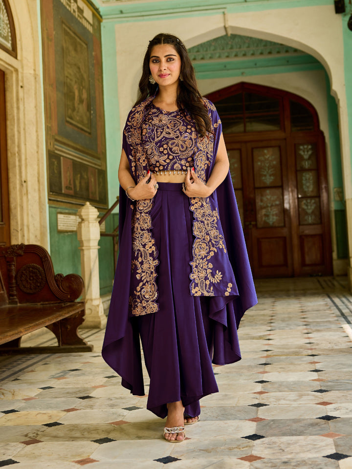 Zari Embroidery Indo-Western Set with Sequinned Shrug, Scalloping & Pleated Dhoti Skirt
