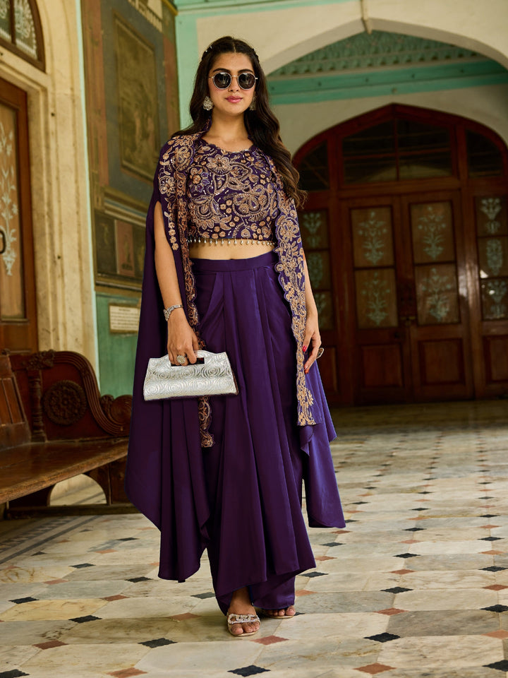 Zari Embroidery Indo-Western Set with Sequinned Shrug, Scalloping & Pleated Dhoti Skirt