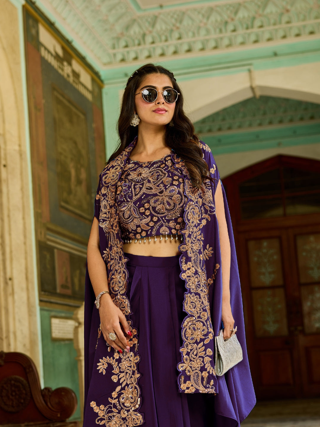 Zari Embroidery Indo-Western Set with Sequinned Shrug, Scalloping & Pleated Dhoti Skirt