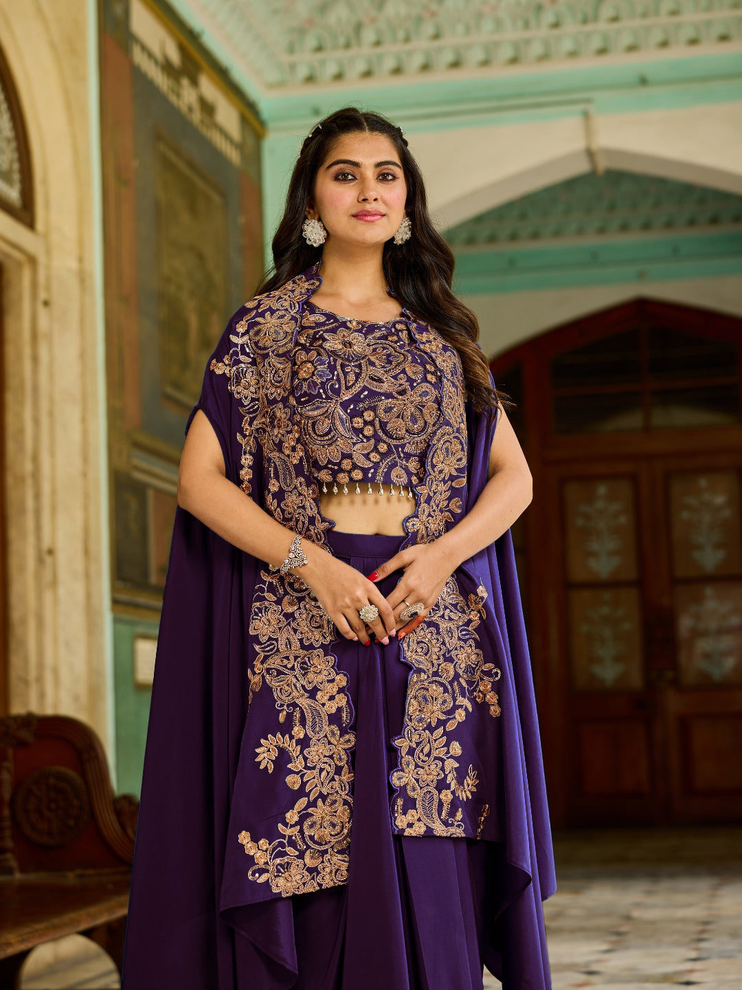 Zari Embroidery Indo-Western Set with Sequinned Shrug, Scalloping & Pleated Dhoti Skirt