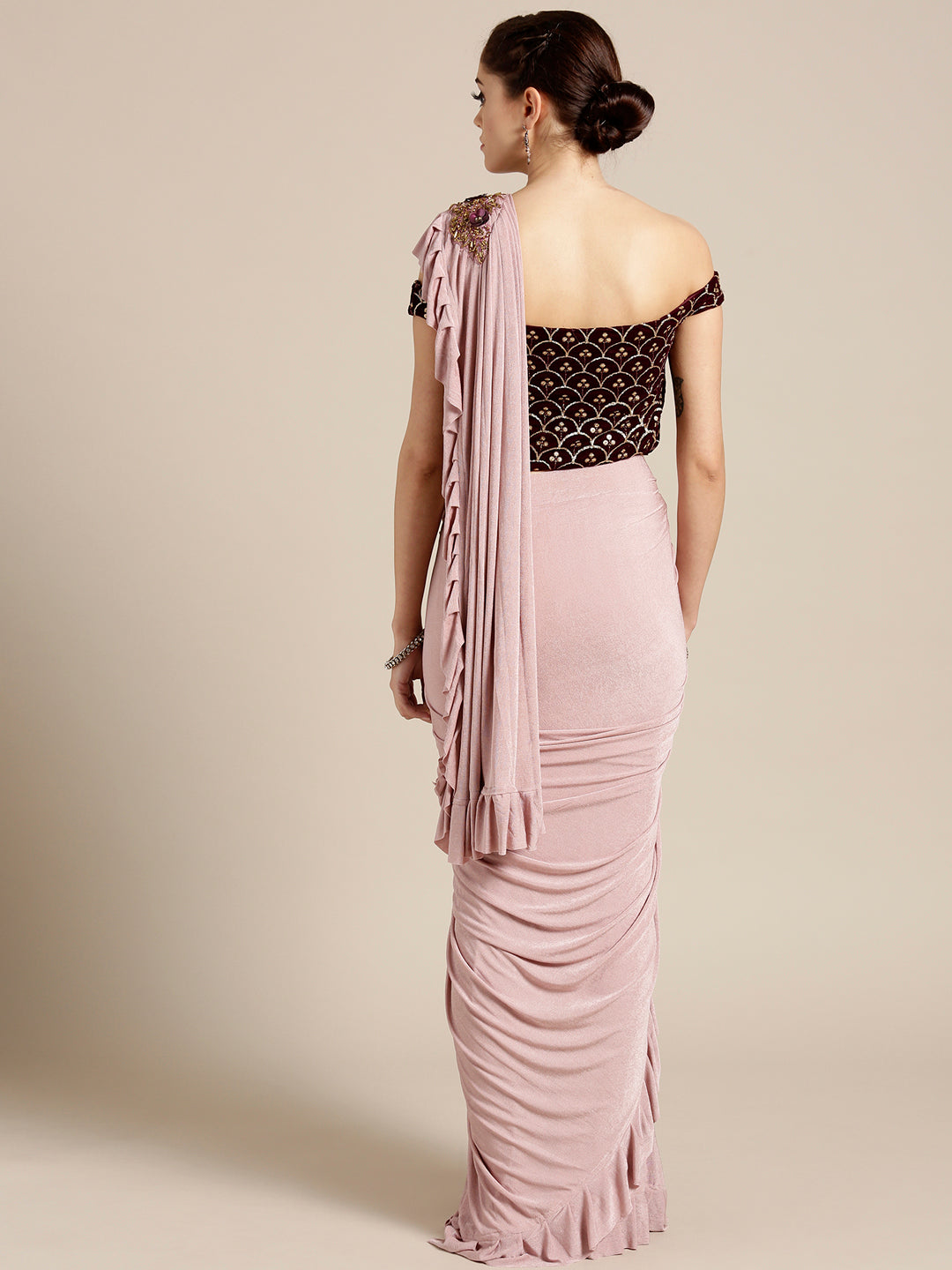 Draped Ruffled Pre-stitched Saree with Off-shoulder Sequin Embellished Blouse