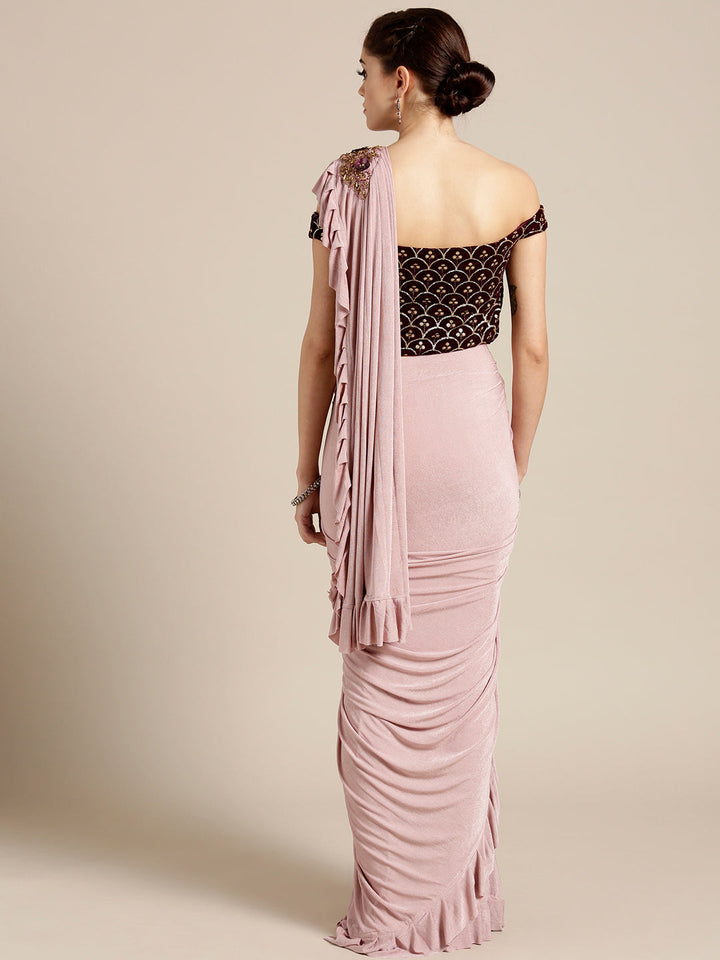 Draped Ruffled Pre-stitched Saree with Off-shoulder Sequin Embellished Blouse