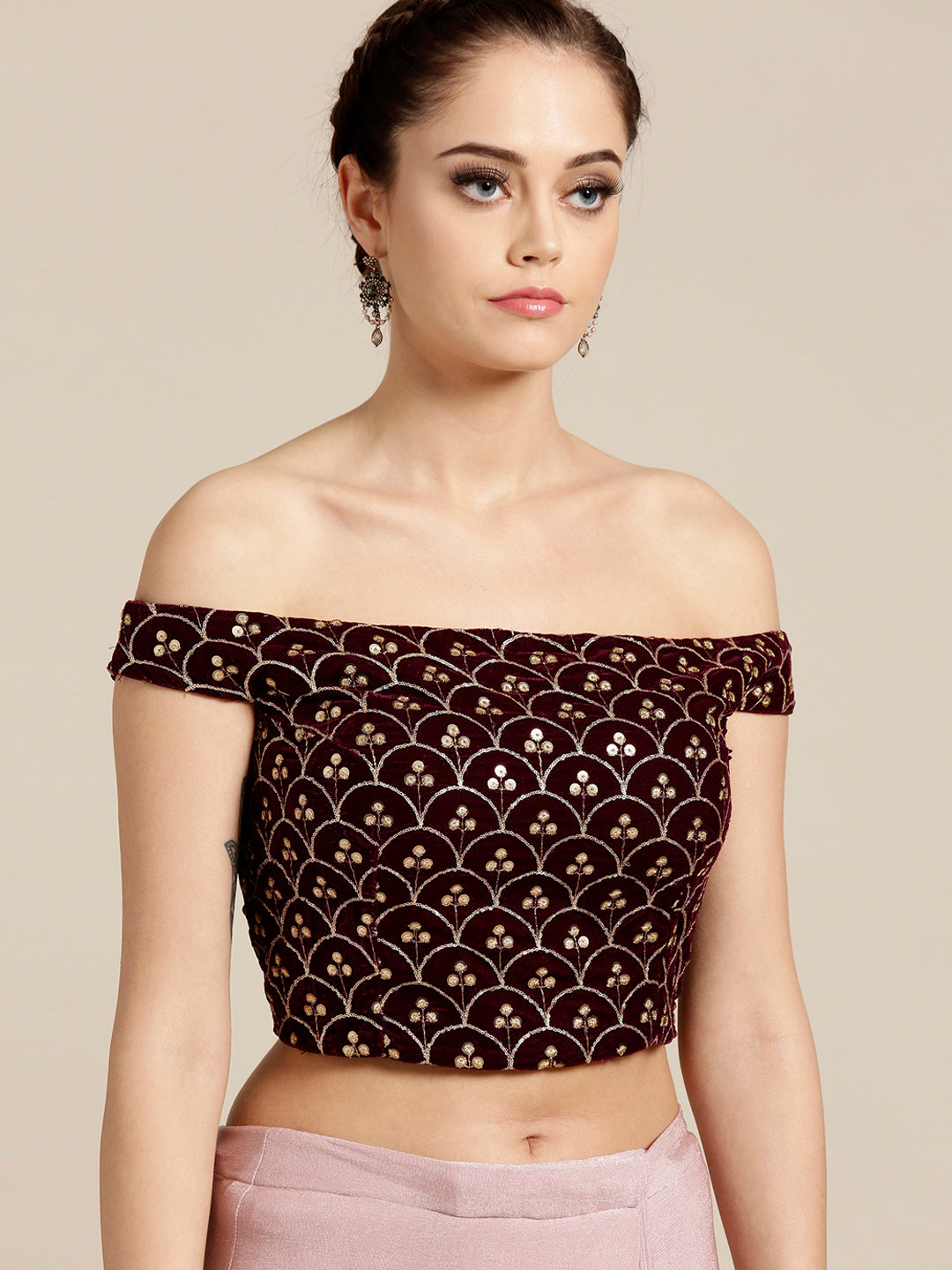 Draped Ruffled Pre-stitched Saree with Off-shoulder Sequin Embellished Blouse
