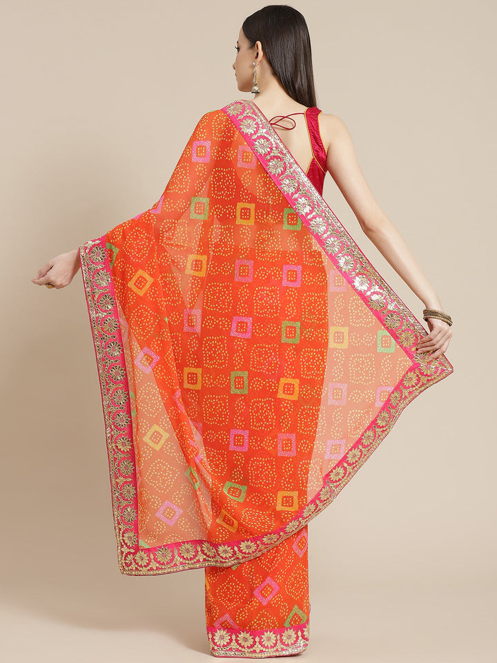 Orange Bandhani Print Georgette Belted Saree with Gotapatti Embroidery
