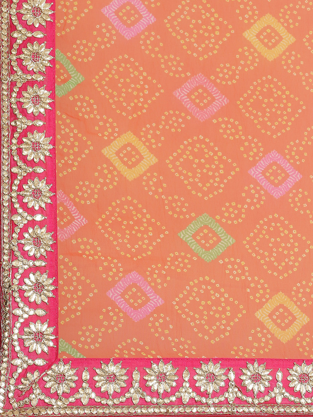 Orange Bandhani Print Georgette Belted Saree with Gotapatti Embroidery
