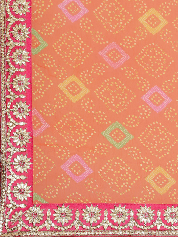 Orange Bandhani Print Georgette Belted Saree with Gotapatti Embroidery