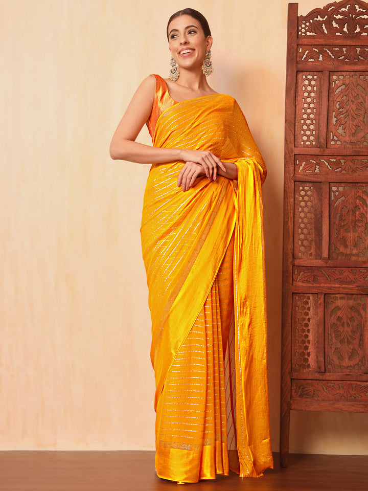 Haldi Yellow Lurex Zari Striped Lightweight Girlish Leheriya Saree