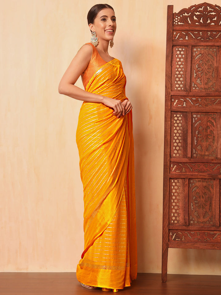 Haldi Yellow Lurex Zari Striped Lightweight Girlish Leheriya Saree