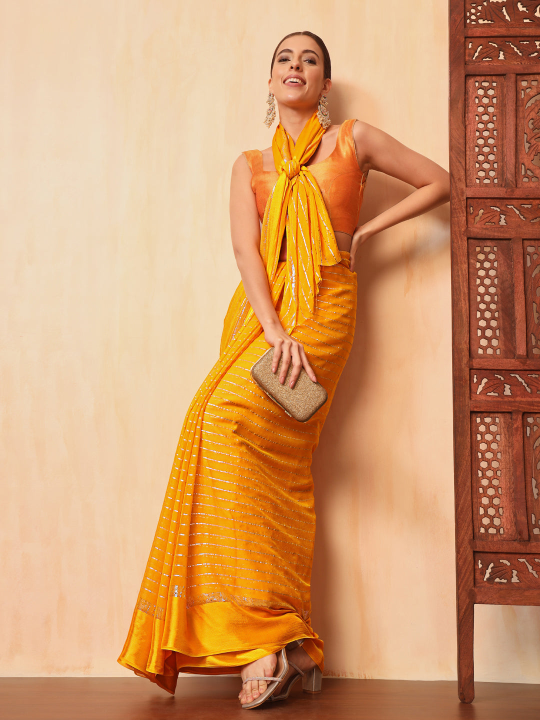 Haldi Yellow Lurex Zari Striped Lightweight Girlish Leheriya Saree