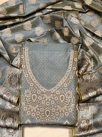 Chhabra 555 Banarasi Handloom Dress Material with Zari Weaving, Stylized Neckline & Jhallar Dupatta