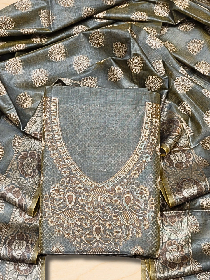 Chhabra 555 Banarasi Handloom Dress Material with Zari Weaving, Stylized Neckline & Jhallar Dupatta