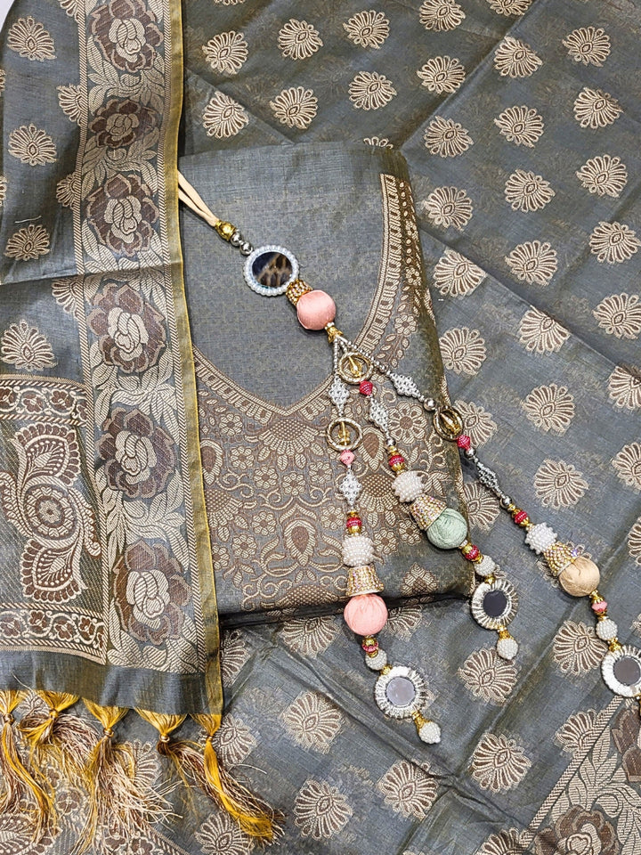 Banarasi Handloom Dress Material with Zari Weaving, Stylized Neckline & Jhallar Dupatta