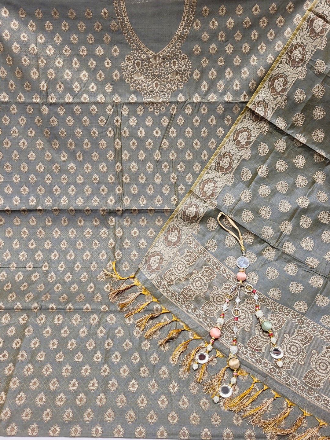 Banarasi Handloom Dress Material with Zari Weaving, Stylized Neckline & Jhallar Dupatta