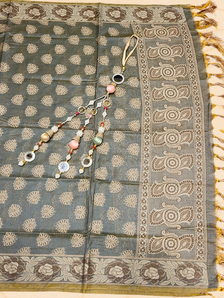 Banarasi Handloom Dress Material with Zari Weaving, Stylized Neckline & Jhallar Dupatta