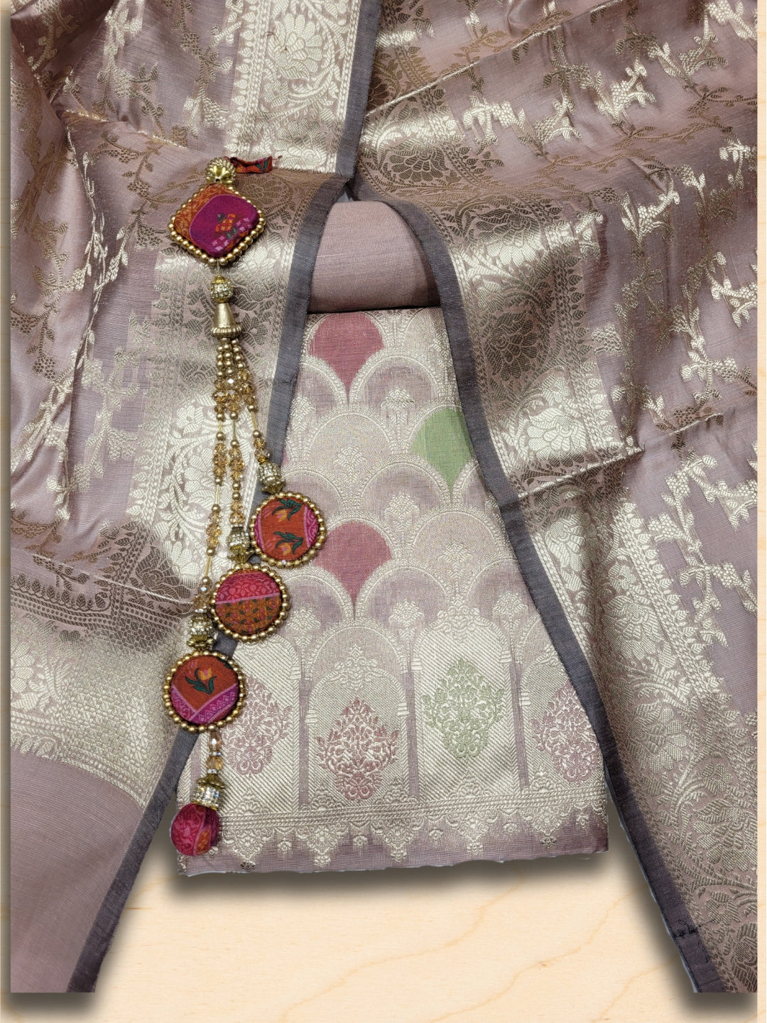 Meeanakari Weaving Banarasi Dress Material with Scalloped pattern & Jhallar Dupatta