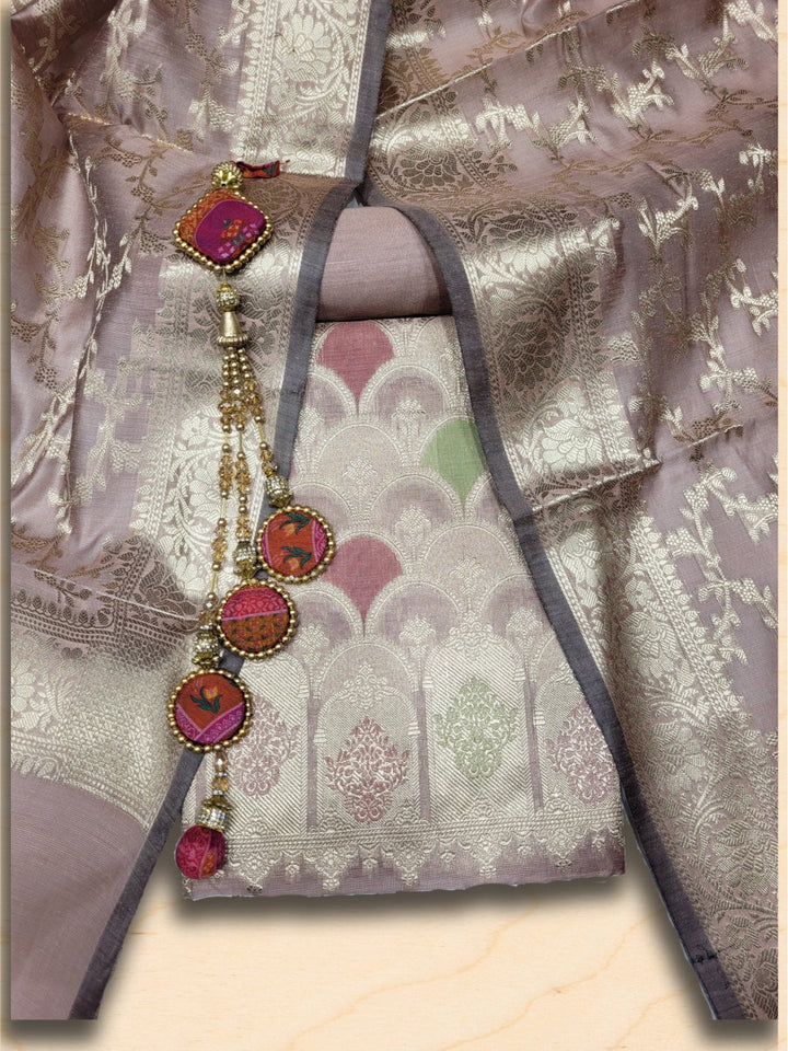 Meeanakari Weaving Banarasi Dress Material with Scalloped pattern & Jhallar Dupatta