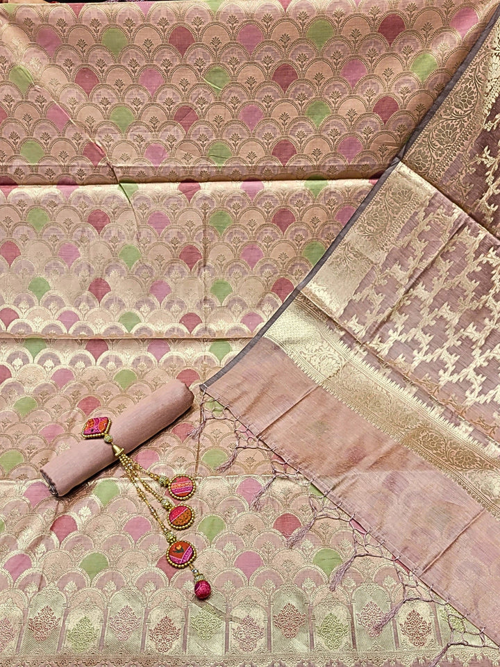 Meeanakari Weaving Banarasi Dress Material with Scalloped pattern & Jhallar Dupatta