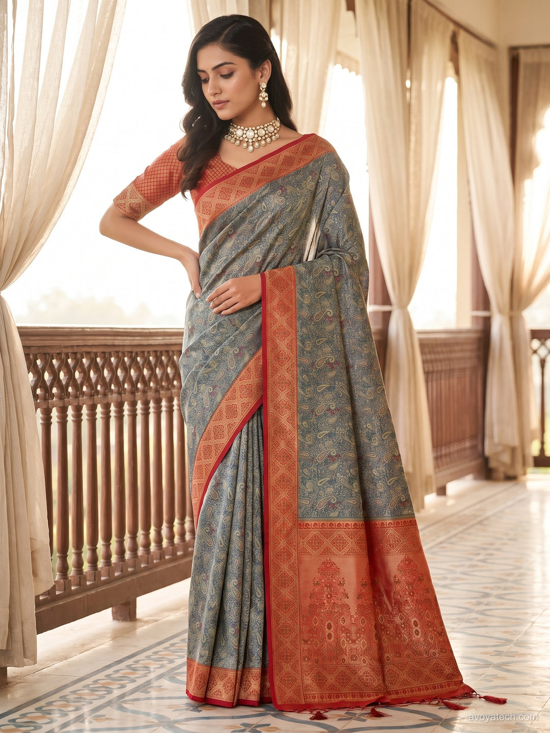 Bluish Grey Kani Print Silk Saree with Rust Zari Border and Contrast Blouse