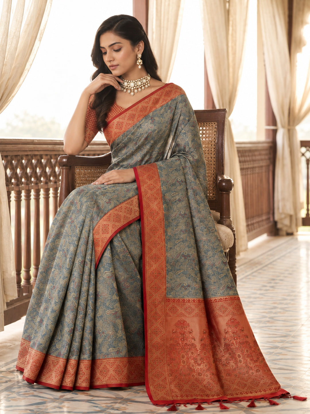 Bluish Grey Kani Print Silk Saree with Rust Zari Border and Contrast Blouse