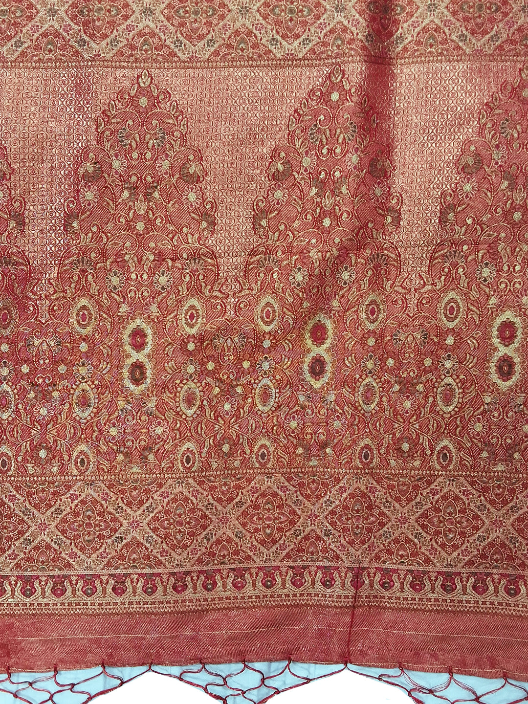 Bluish Grey Kani Print Silk Saree with Rust Zari Border and Contrast Blouse