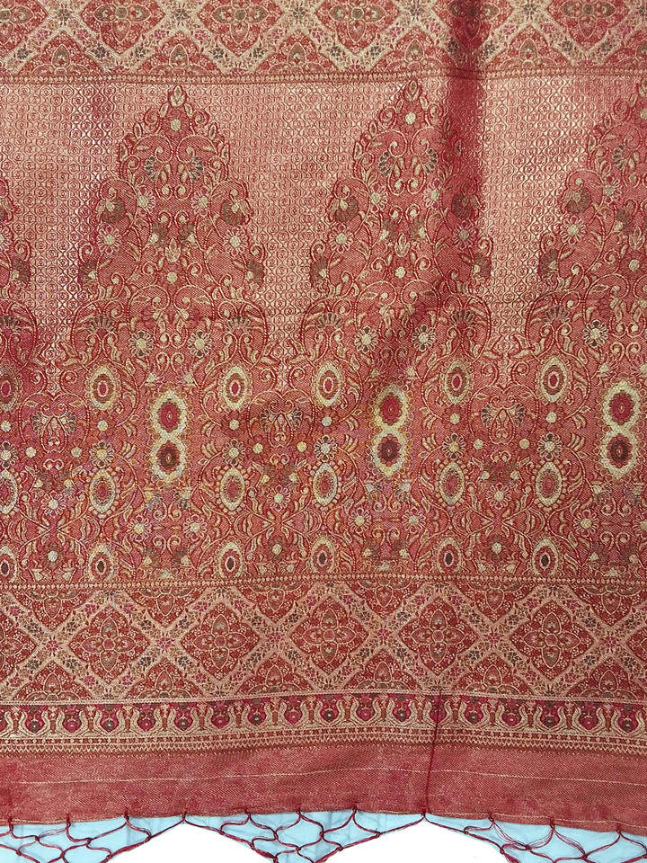 Bluish Grey Kani Print Silk Saree with Rust Zari Border and Contrast Blouse