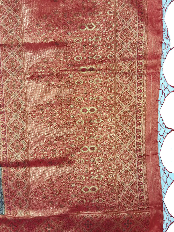 Bluish Grey Kani Print Silk Saree with Rust Zari Border and Contrast Blouse