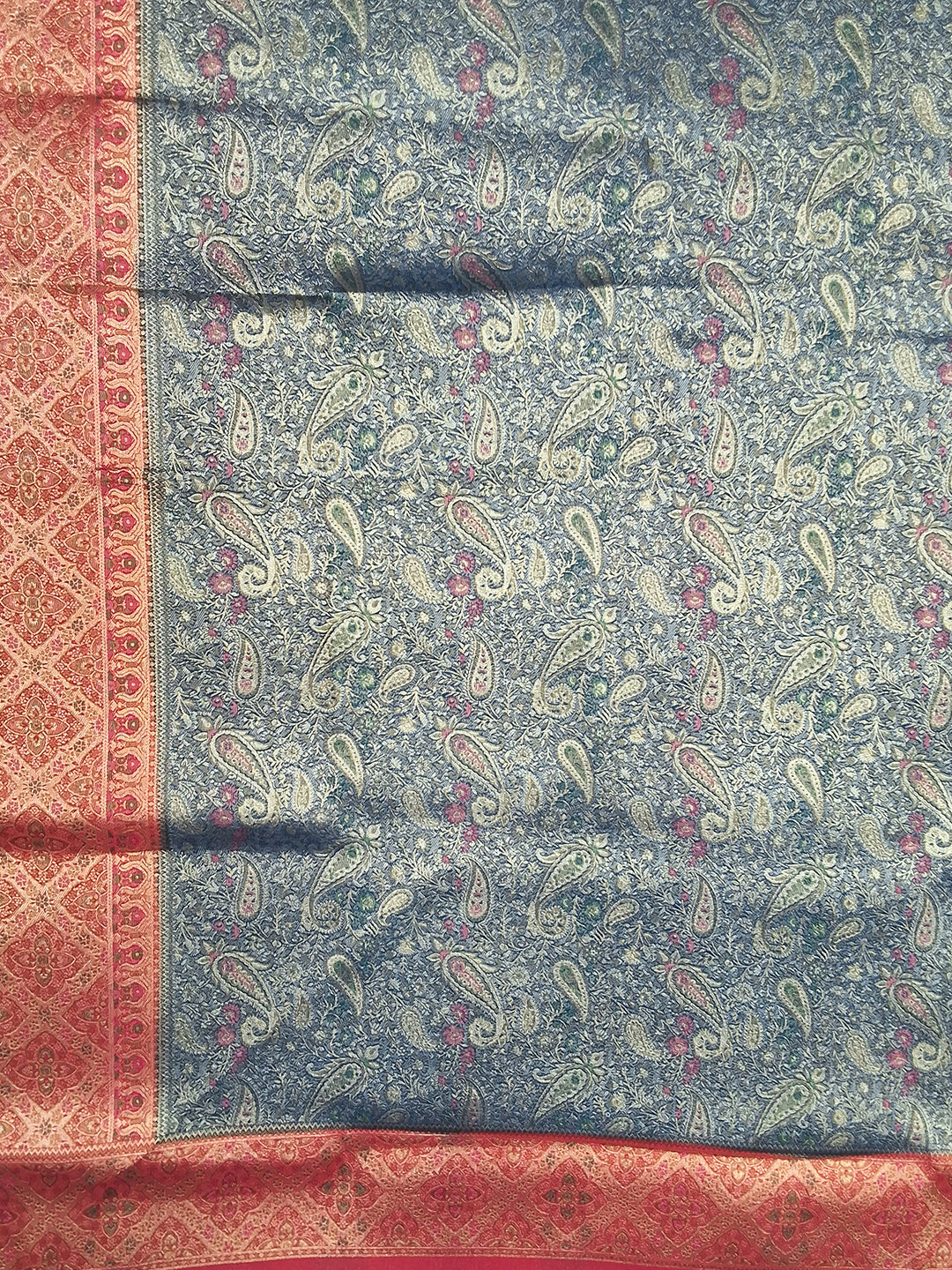 Bluish Grey Kani Print Silk Saree with Rust Zari Border and Contrast Blouse