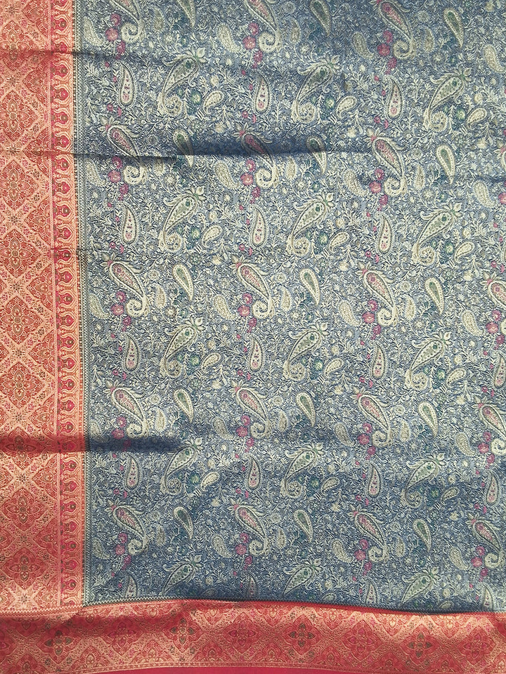 Bluish Grey Kani Print Silk Saree with Rust Zari Border and Contrast Blouse