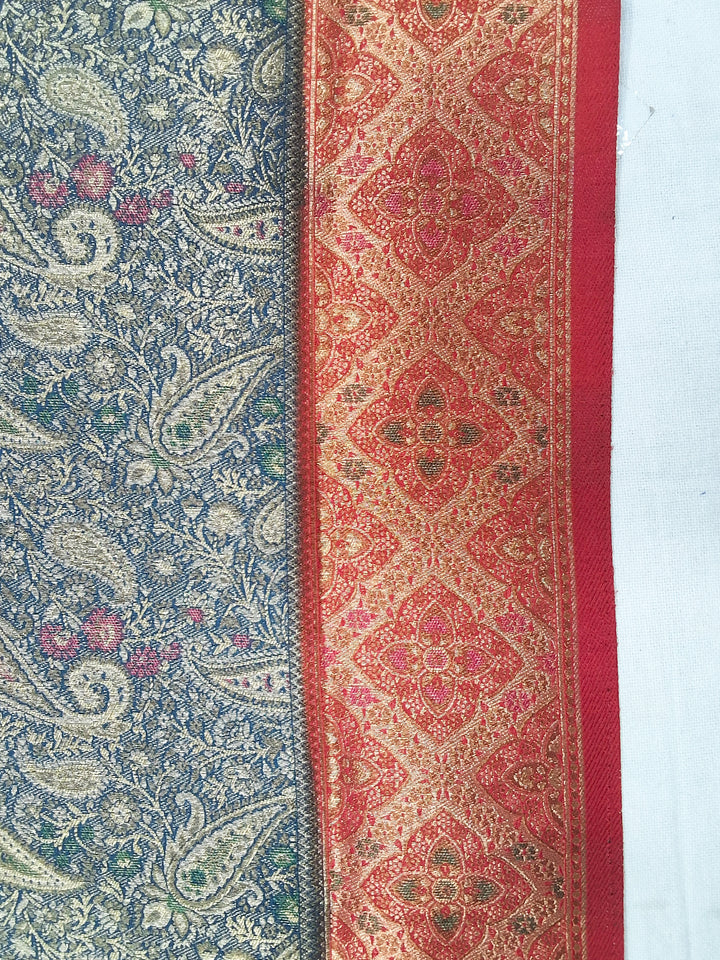 Bluish Grey Kani Print Silk Saree with Rust Zari Border and Contrast Blouse