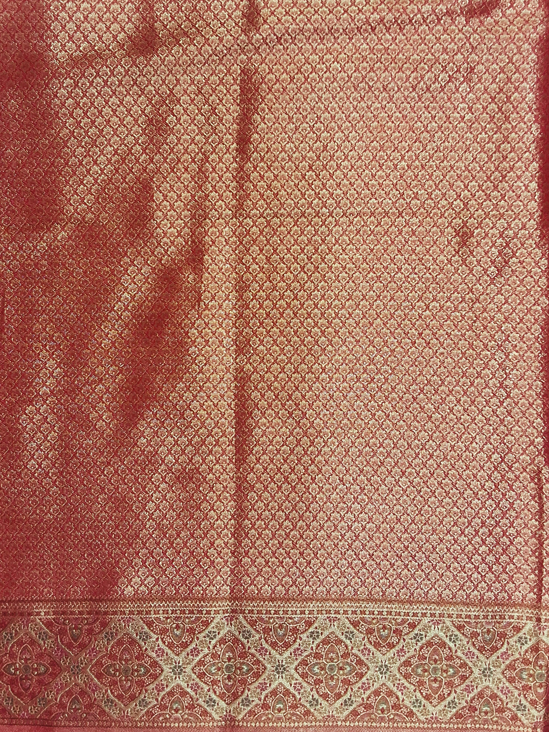 Bluish Grey Kani Print Silk Saree with Rust Zari Border and Contrast Blouse