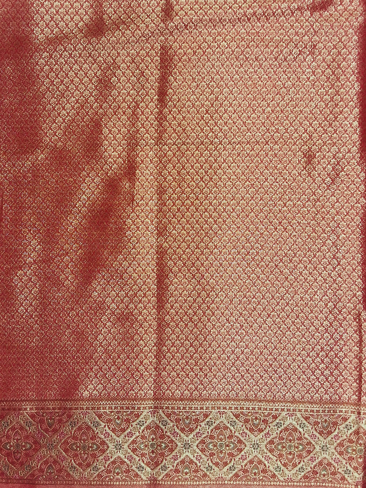 Bluish Grey Kani Print Silk Saree with Rust Zari Border and Contrast Blouse
