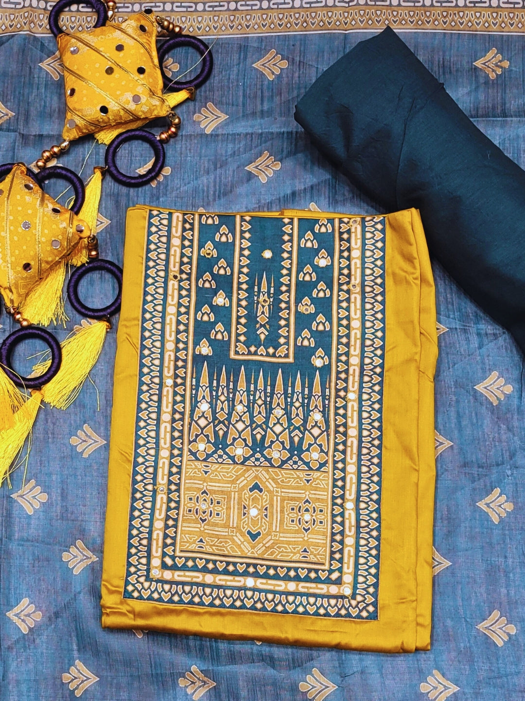 Kalamkari Print Unstitched Suit Dupatta with Mirror Embroidery & Tribal pattern