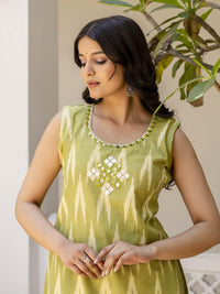 Chhabra 555 Ikat Print & Mirror Embellished Bhagalpuri Cotton Kurta Set with Chevron pant