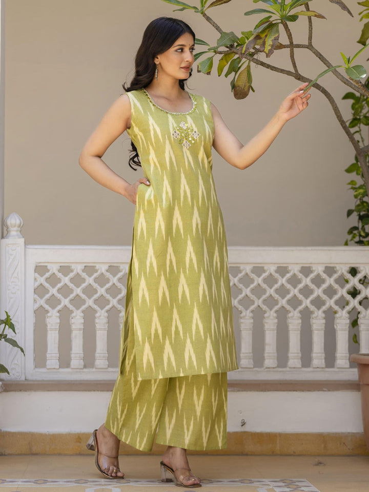 Ikat Print & Mirror Embellished Bhagalpuri Cotton Kurta Set with Chevron pant