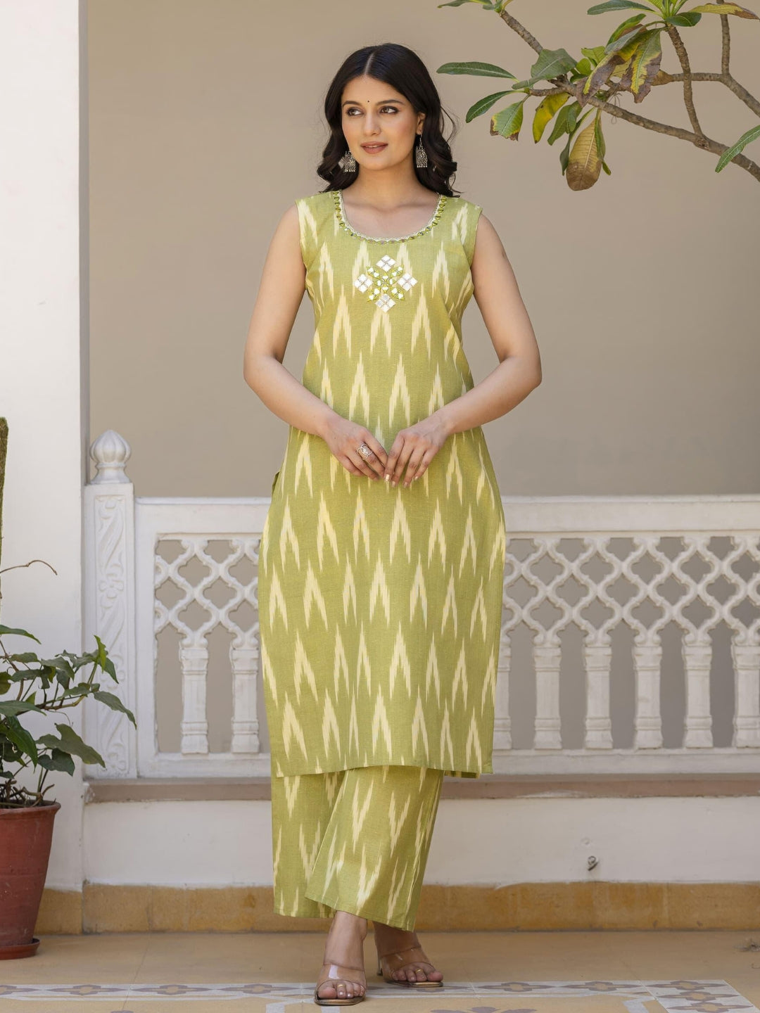 Ikat Print & Mirror Embellished Bhagalpuri Cotton Kurta Set with Chevron pant