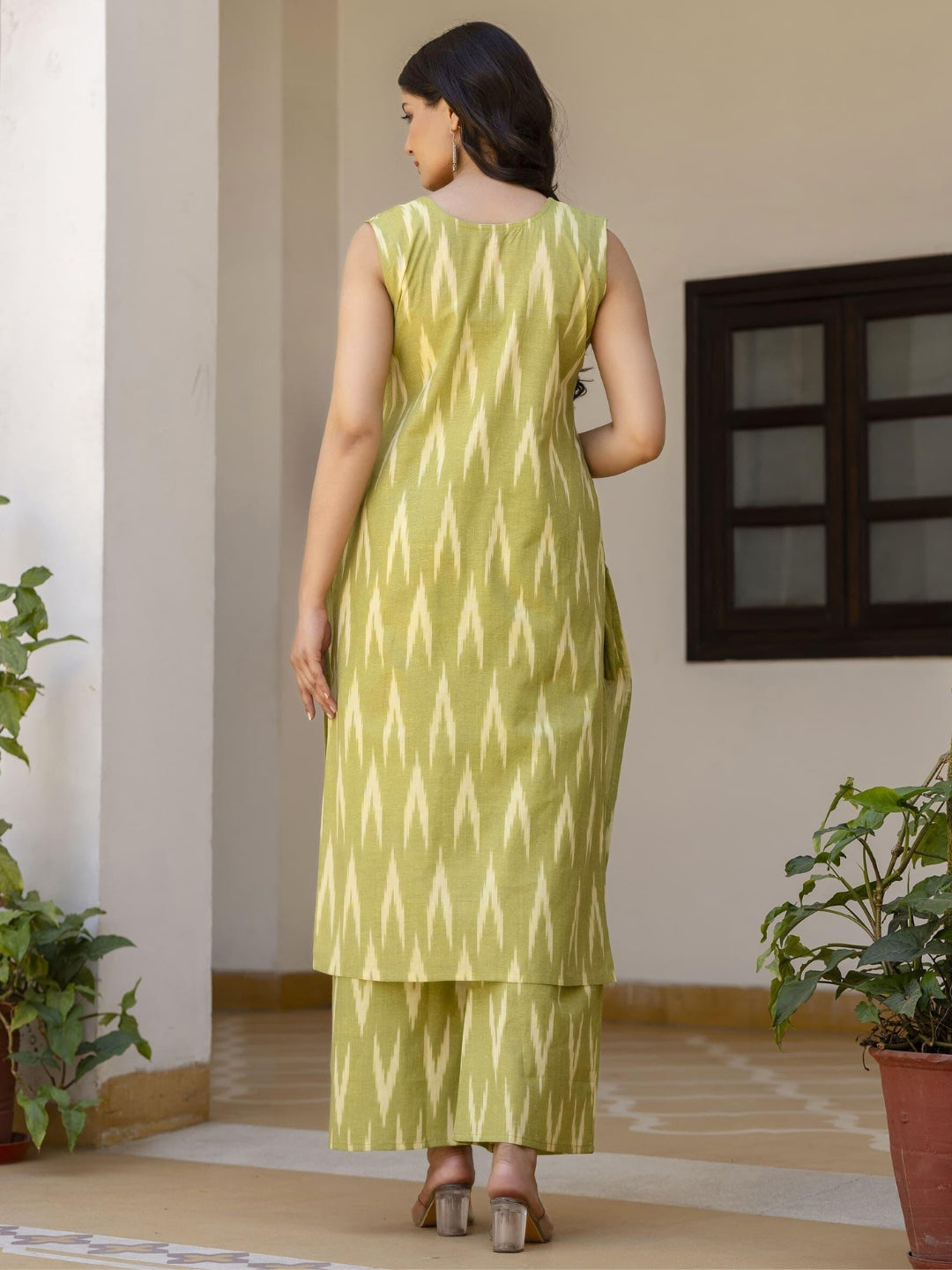 Ikat Print & Mirror Embellished Bhagalpuri Cotton Kurta Set with Chevron pant