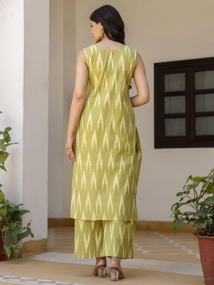 Ikat Print & Mirror Embellished Bhagalpuri Cotton Kurta Set with Chevron pant