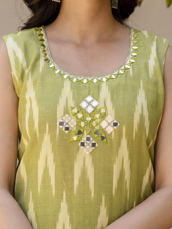 Ikat Print & Mirror Embellished Bhagalpuri Cotton Kurta Set with Chevron pant