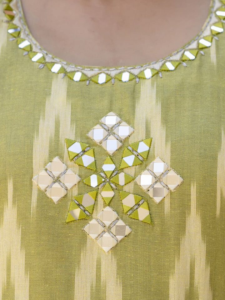 Ikat Print & Mirror Embellished Bhagalpuri Cotton Kurta Set with Chevron pant