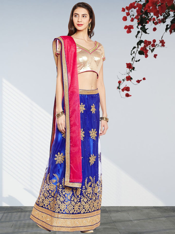 Blue & Gold  Coloured Net  Embroidered Semistiched Lehenga Choli With Dupatta