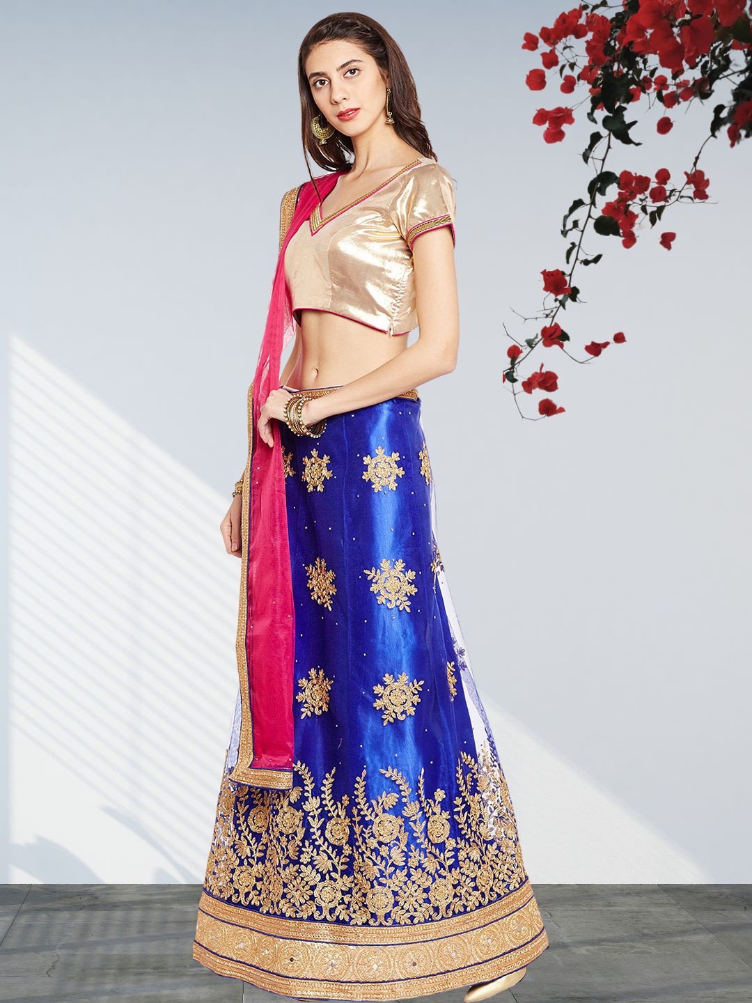 Blue & Gold  Coloured Net  Embroidered Semistiched Lehenga Choli With Dupatta