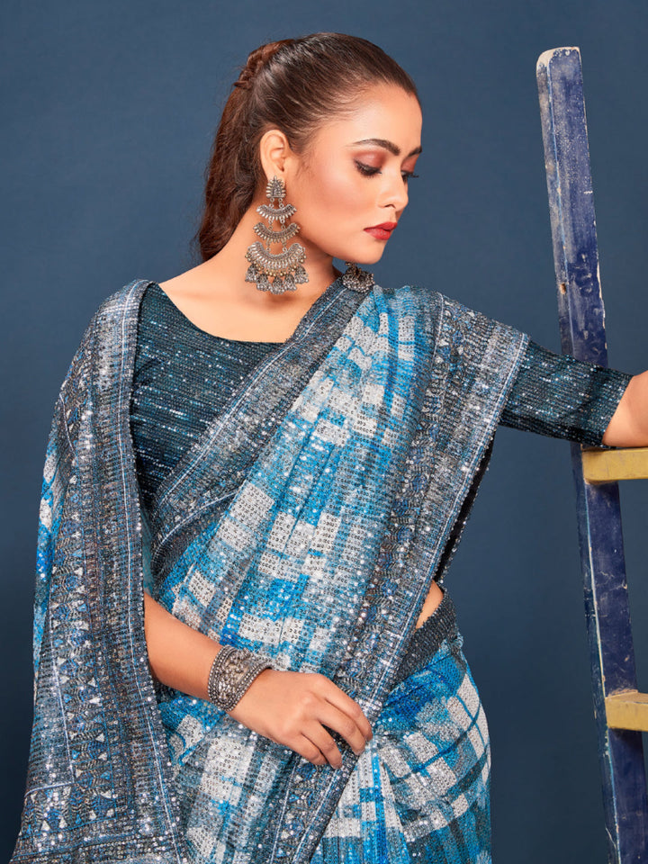 Allover Sequin Embellished Saree with Abstract Checkered Digital Print