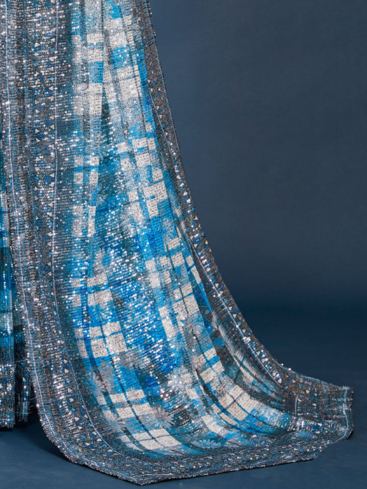 Allover Sequin Embellished Saree with Abstract Checkered Digital Print