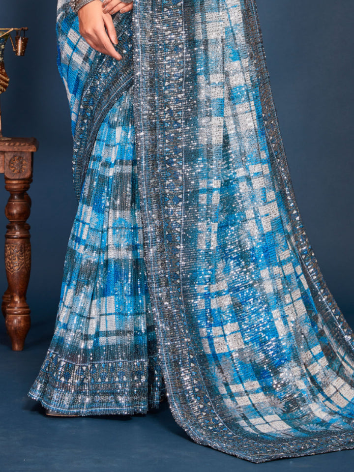 Allover Sequin Embellished Saree with Abstract Checkered Digital Print
