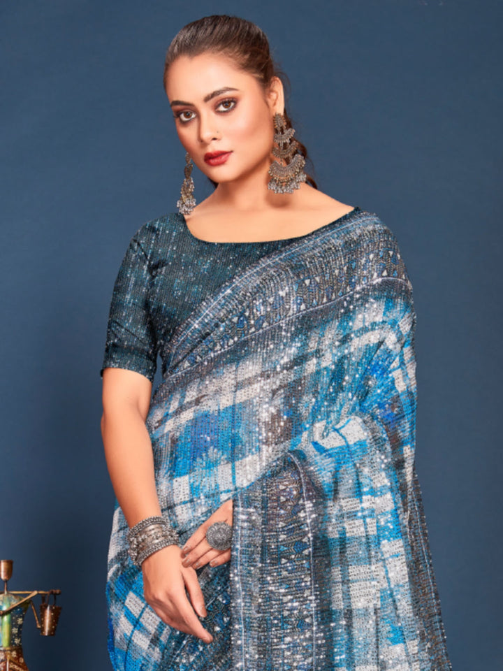 Allover Sequin Embellished Saree with Abstract Checkered Digital Print