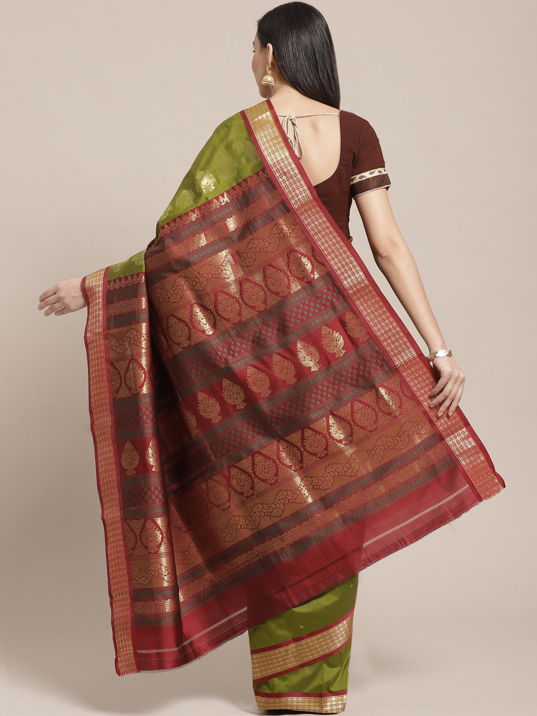 Kanjiwaram Dupion Silk saree with Zari Weaving Contrast Border and Rich Temple Pallu
